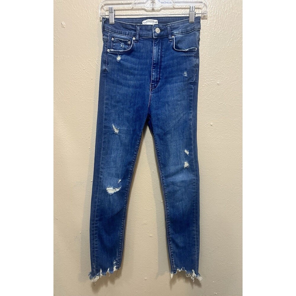 Zara Woman Premium Denim Collection Jeans Blue Distressed High Rise Skinny 4